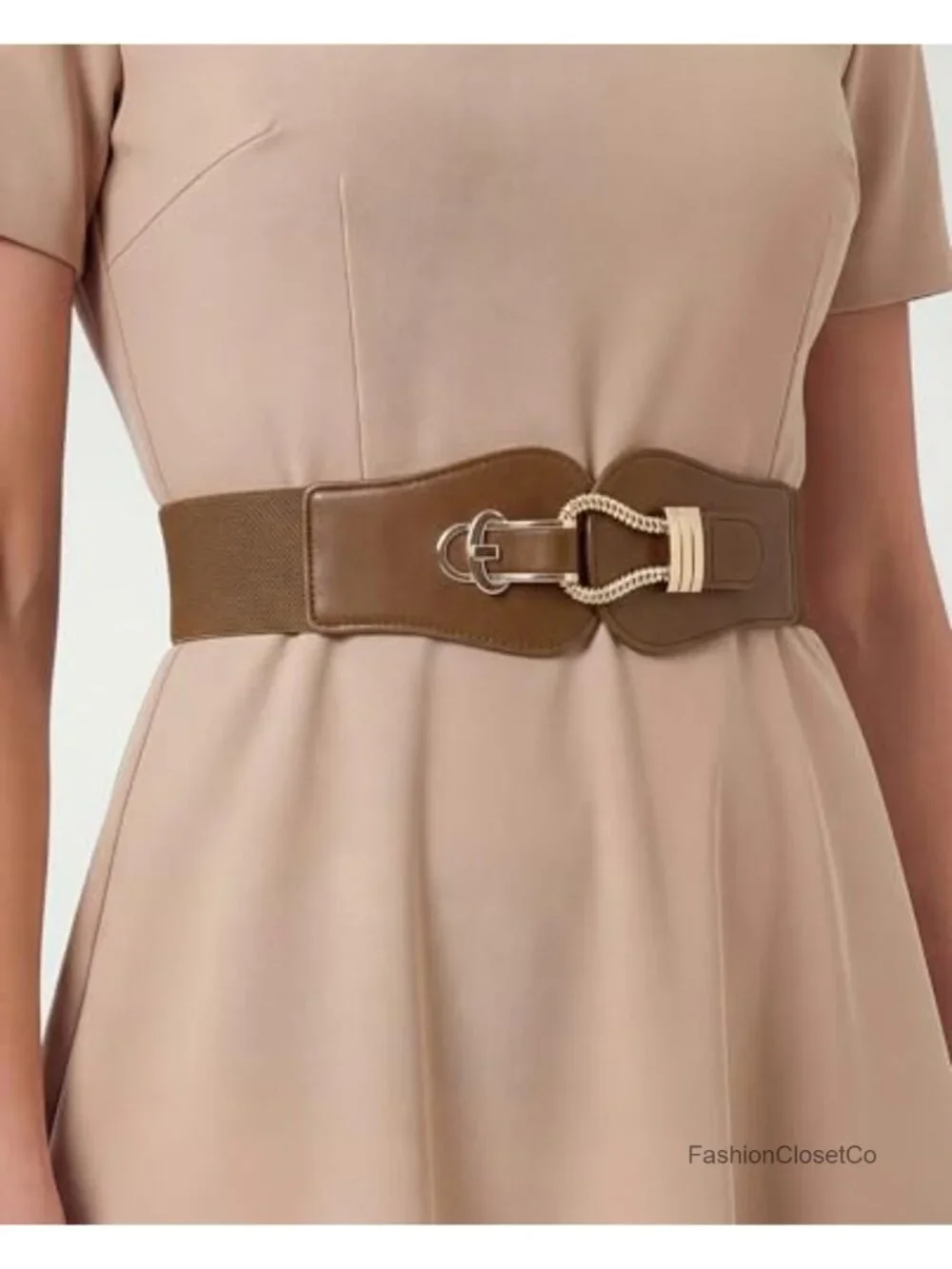 Vintage Style Cinch Belt Faux Leather Gold-Tone Hook Elastic Stretch